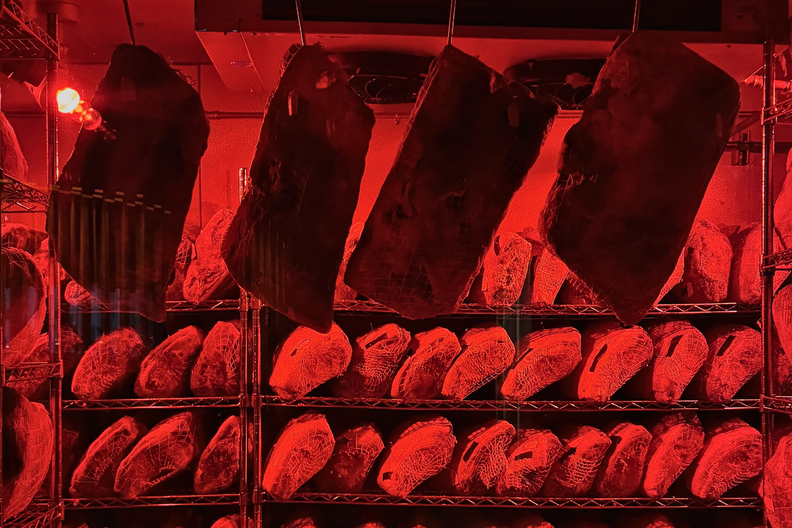 Dry-aged beef in the aging room at COTE.