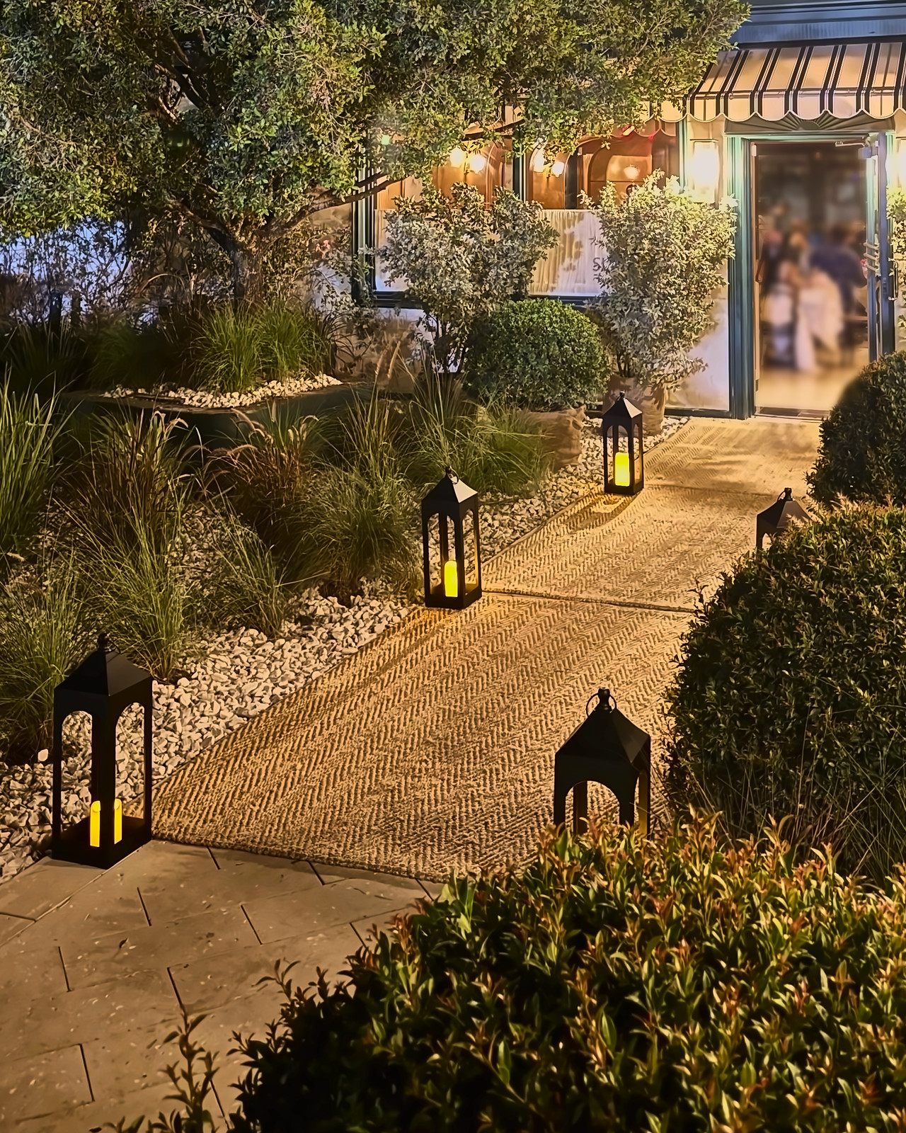 A lantern-lined herringbone path through a garden of olive trees and boxwood, leading to a restaurant doorway under a striped awning at night.